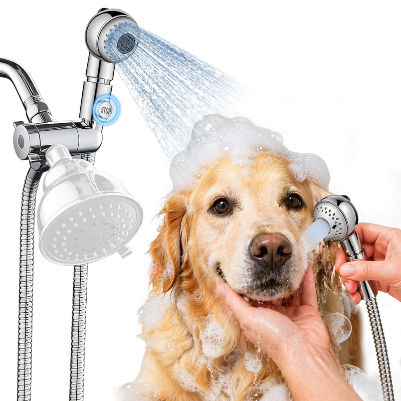 Quiet Dog Shower Attachment with One-Button Pause, 2-Mode Mini Pet Shower Head for Nervous Dog Bath& Dog Head, 98'' Long Hose, Palm-Size Design, Gentle Water Flow Perfect for Cat, Fits Shower Arm Only