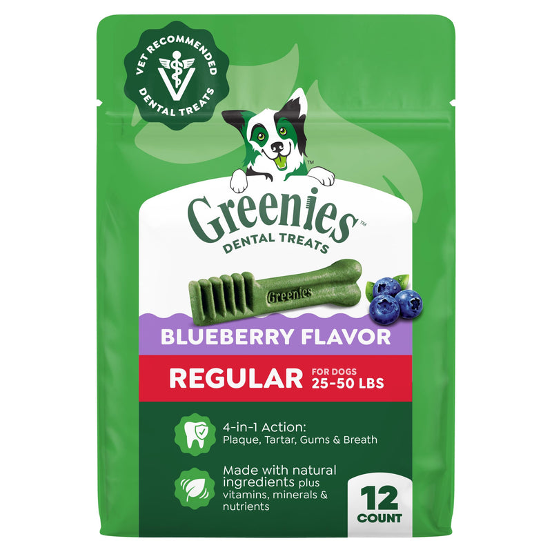 Greenies Veterinarian-Recommended Natural Dental Dog Treats, Dental Chews for Dogs, Regular Size, Blueberry Flavor, 12 oz. Pack, 12 Count