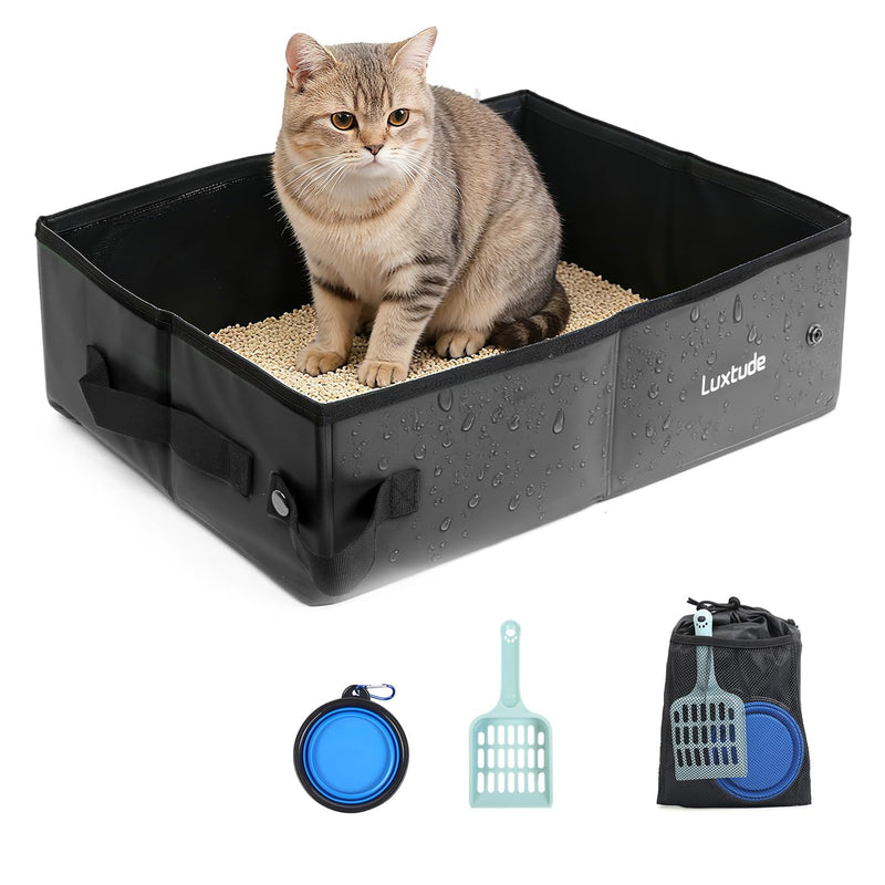 Luxtude Portable Litter Box for Cats, Comes with a Hard Non-Stick Bottom, No Smell, Collapsible and Waterproof, Includes a Bowl and Scoop, Easy Carrying with a Storage Bag for Car and Hotel Room