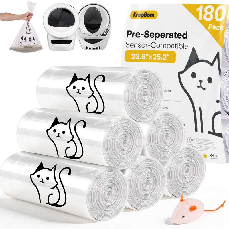 KropBom 180 Pack Cat Litter Box Robot 5/4/3 Waste Bags,Transparent, Self Cleaning Litter Box Liners Bags for Most Automatic Cat Litter Boxes,Pre-Separated, Heavy Duty, 9-11 Gallon Capacity