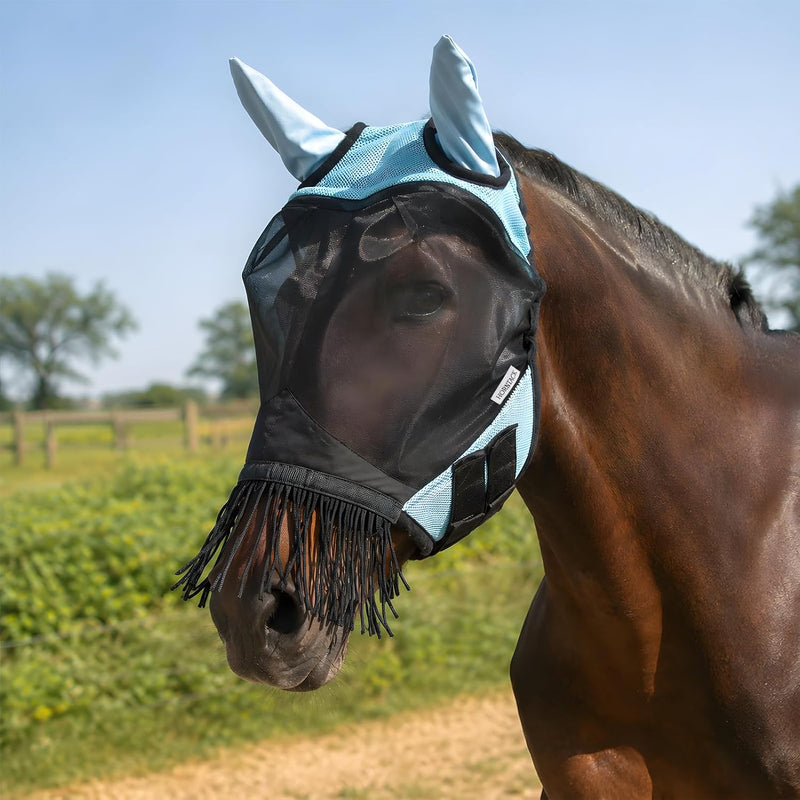 Breathable Horse Fly Mask with Ears and Nose Fringe