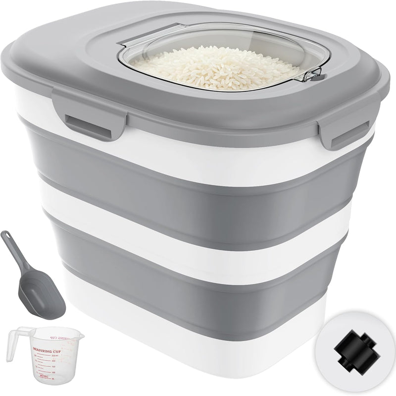 Rice Storage Container, 20 to 50Lbs Collapsible Airtight Rice Container, 30 Lbs Dog Food Storage Container with Wheels,