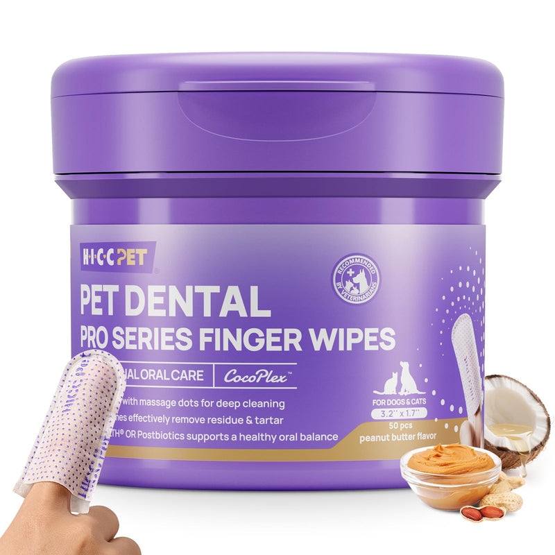 HICC PET Pro Dog Teeth Cleaning Wipes, Vet-Recommended Finger Toothbrush for Dogs & Cats, No-Rinse Dental Care Wipes, Gentle Cleansing & Gum Care, Tooth Brushing Kit Support, 50 Count (Peanut Butter)