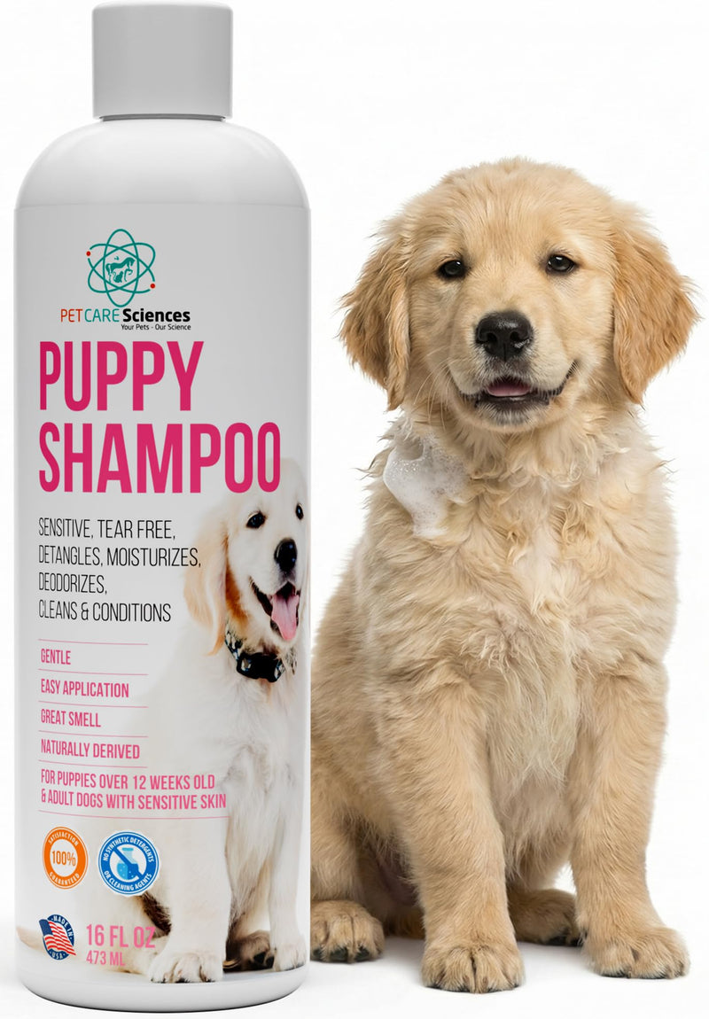 PET CARE Sciences 16 fl oz Tearless Puppy Shampoo and Conditioner - Dog Shampoo Itchy Skin Relief - Coconut Oil Oatmeal Shampoo for Dogs - Hypoallergenic Dog Shampoo Sensitive Skin, Made in the USA.