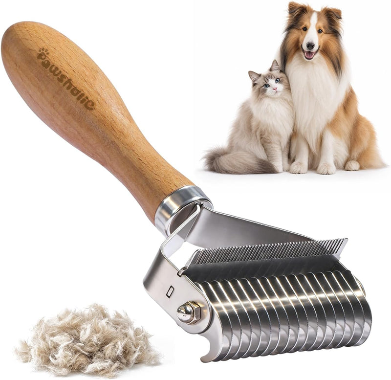 3-in-1 Pet Undercoat Rake & Dematting Comb for Dogs & Cats, Wood Handle