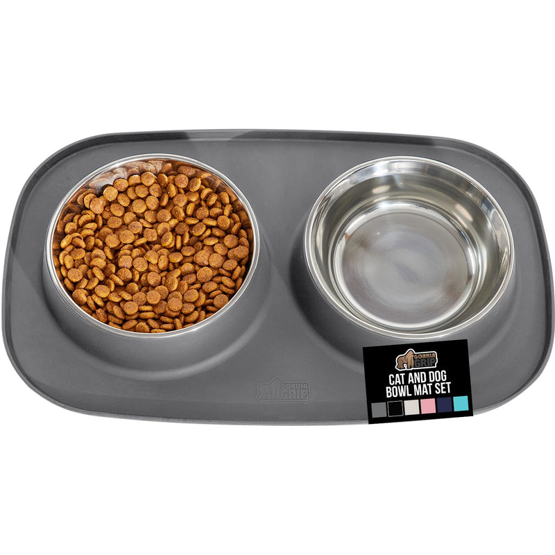 GORILLA GRIP Feeding Mat Bowl Set, 100% Waterproof BPA Free Silicone Base, 304 Stainless Steel Cat and Dog Bowls for Food and Water, Slip Resistant, High Edge, US Designed, Patent Pending, 2 Cup Gray
