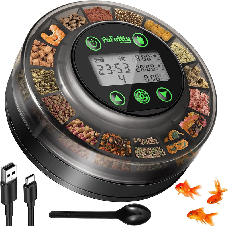 Papettly Automatic Fish Feeder for Aquarium - Auto Fish Food Dispenser for Fish Turtle Tank with USB Cable & LCD Display