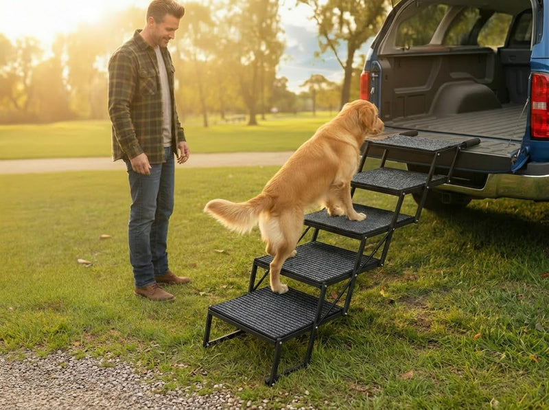 Brulio Foldable Dog Stairs for Cars Trucks & SUVs - Heavy-Duty Carbon Steel Pet Ladder Supports 230LB - Non-Slip Metal Mesh Joint-Friendly Portable Ramp for Large Dogs - 5 Step Pet Stairs w/Mat