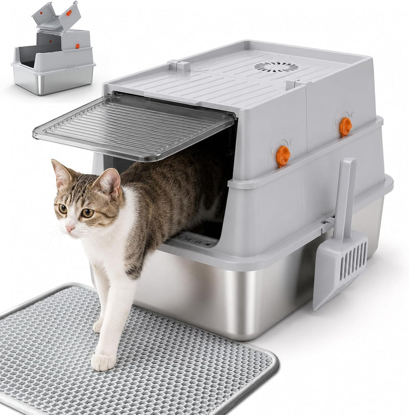 Stainless Steel Litter Box with Lid, Enclosed Metal Cat Litter Box for Kittens and Small Cats, Odor Control, Easy to Cle