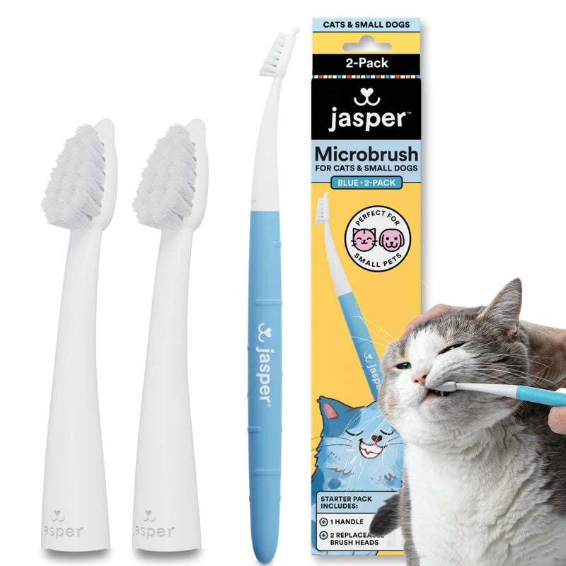 Jasper Microbrush Cat Toothbrush, Vet Designed for Felines & Small Dogs — Narrow Head + Lip Lifter Kit, Extra-Soft Nylon Bristles, 2 Replaceable Heads, Cat Toothpaste Not Included, 2-Pack