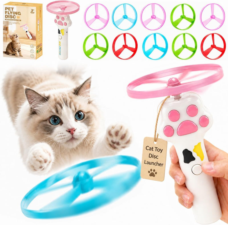 PDVMWPJ Cat Fetch Toy Launcher with 10 Soft & Flexible Discs, Cat Toys for Indoor Cats, LED Glowing Launcher, Electric Interactive Kitten Toy for Hunting & Exercise, USB Rechargeable