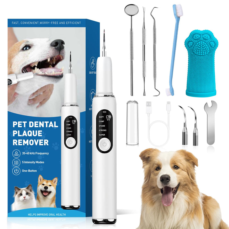 QVKHPCL Dog Teeth Cleaning Kit Dog Plaque and Tartar Remover with LED Light 5 Adjustable Modes Electric Toothbrush Pet Teeth Cleaner for Dogs and Cats (White and Blue Finger Cots)