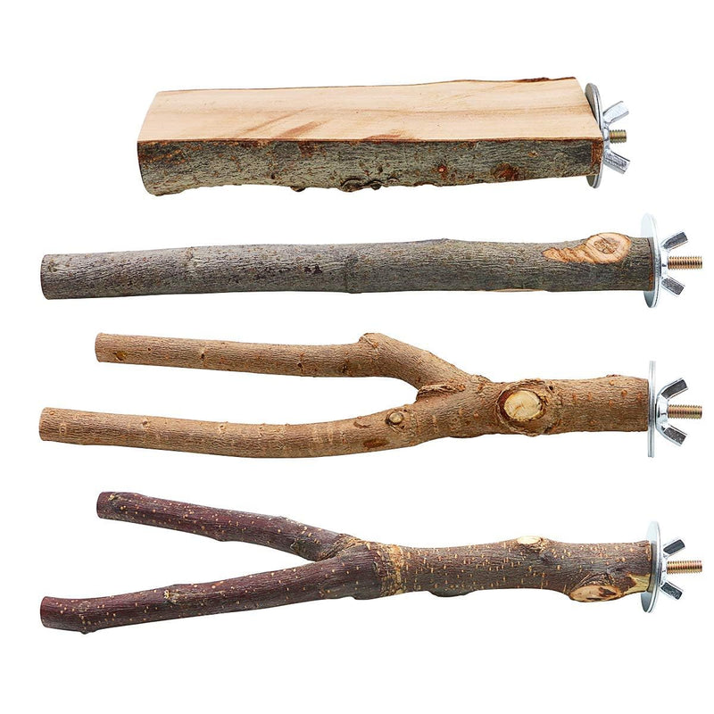 BILLIOTEAM 4 Pack Natural Wood Bird Perch Parrot Stand Branches Fork Toys,Pet Bird Cage Wooden Hanging Perch Platform Hammock Swing Toy for Small Parakeets,Budgies,Cockatiels,Conures,Finches
