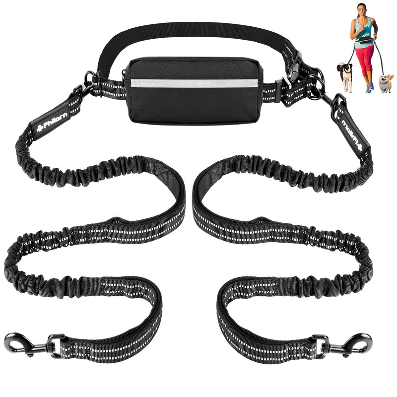 Philorn Hands Free Dog Leash for 2 Dogs, Adjustable Waist Leash for Medium Large Dogs Walking, Running, Jogging, Hiking, Dual Handles and Durable Bungee