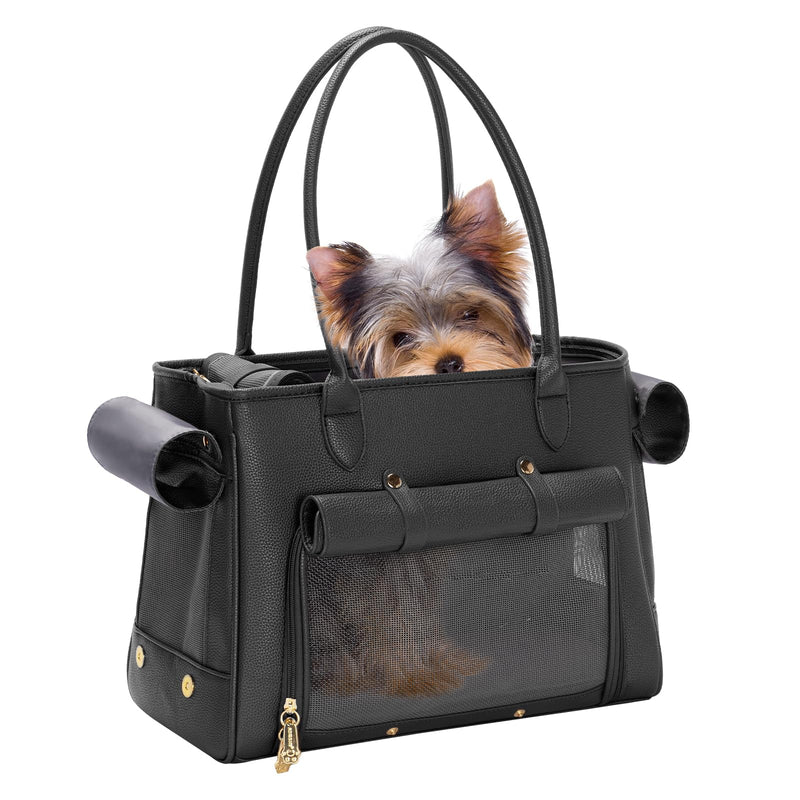 Fashion Pet Carrier Purse for Small Cat and Dog, Luxury Pu Soft-Sided Tote Bag with Large Pockets for Dogs and Puppies (Black, 15.8