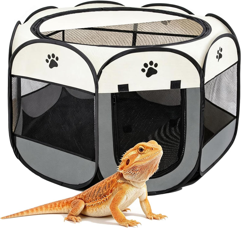 Bearded Dragon Playpen, Foldable Portable Reptile Exercise Pen with Breathable Mesh Top, Indoor Outdoor Small Animal Cag