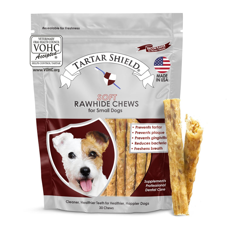 Tartar Shield® Soft Rawhide Dental Chews for Small Dogs | VOHC Accepted | Reduces Tartar, Controls Plaque & Freshens Breath | Vet Recommended | Bacon Flavor | USA Made | 30 Count