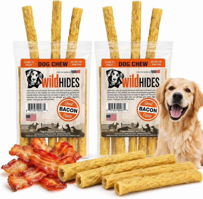 Premium Bacon Flavor Beef Hide Dog Chews – Rawhide Alternative Chews for Dogs, Easy-to-Digest 6” Sticks, Grain-Free Long