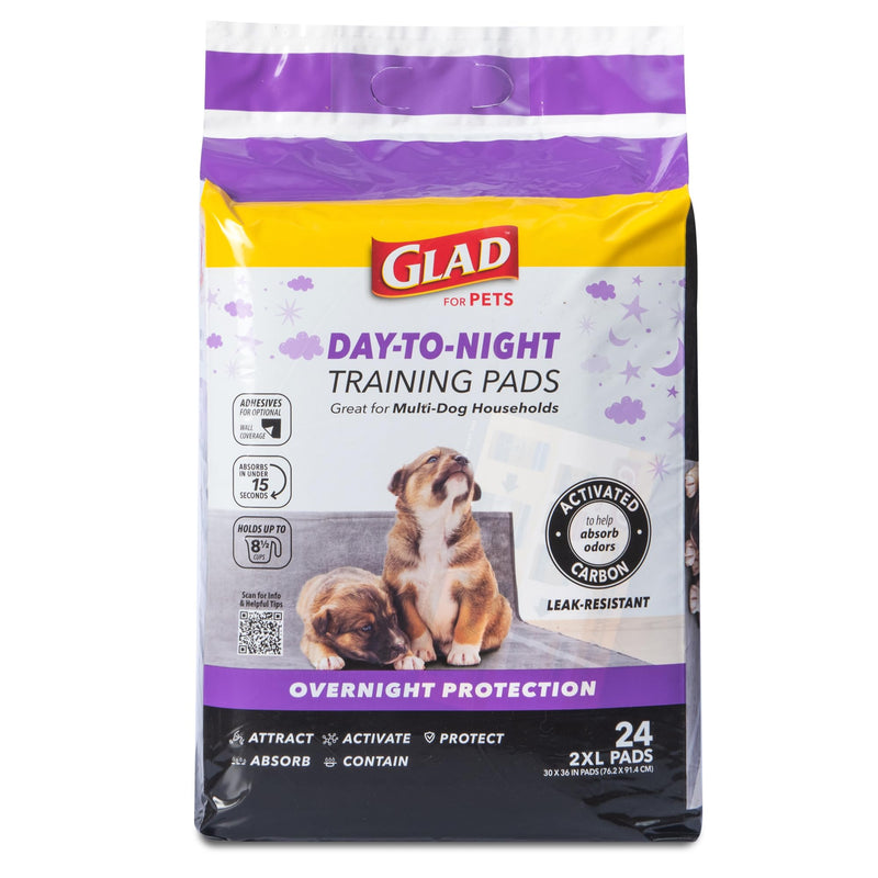 Glad for Pets Day to Night Activated Carbon Puppy Training Pads, Odor Control Disposable Dog Pads with Adhesive and Wall Protection, Leak Proof and Super Absorbent, 30 x 36 Inch, 24 Count