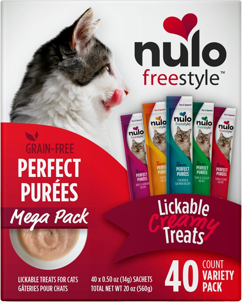Nulo Freestyle Lickable Cat Treats - Perfect Purées Variety Pack, Squeezable Grain-Free Wet Cat Food Topper, High Moisture for Hydration, 40 x 0.5oz