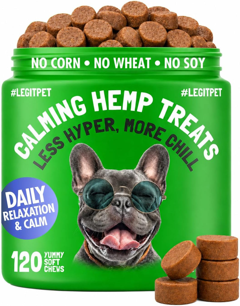 Calming Hemp Treats for Dogs Made in USA Organic Hemp Natural Separation Aid Helps Barking, Chewing, Thunder, Fireworks,