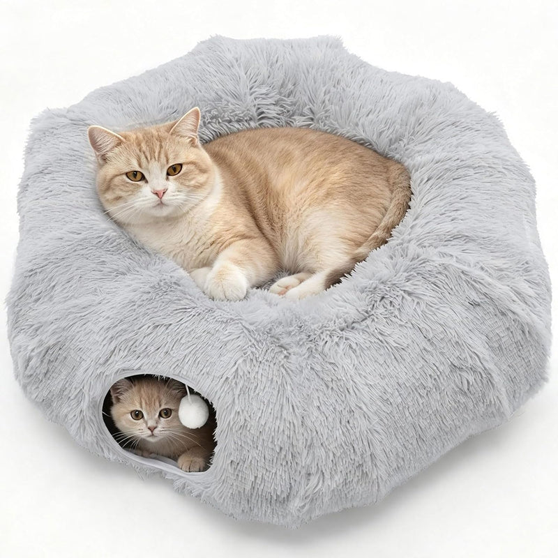 DUMOS Cat Tunnel Bed for Indoor Cats, Cave Donut Play Tunnel, Silver