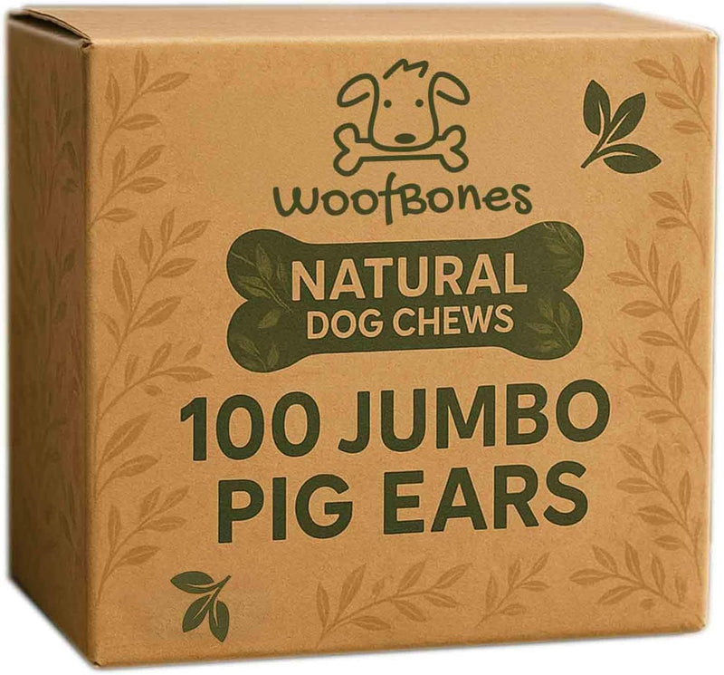 WoofBones All-Natural Jumbo Whole Pig Ears for Dogs, Single Ingredient and Highly Digestible for All Breeds and Life Stages (100-Pack)