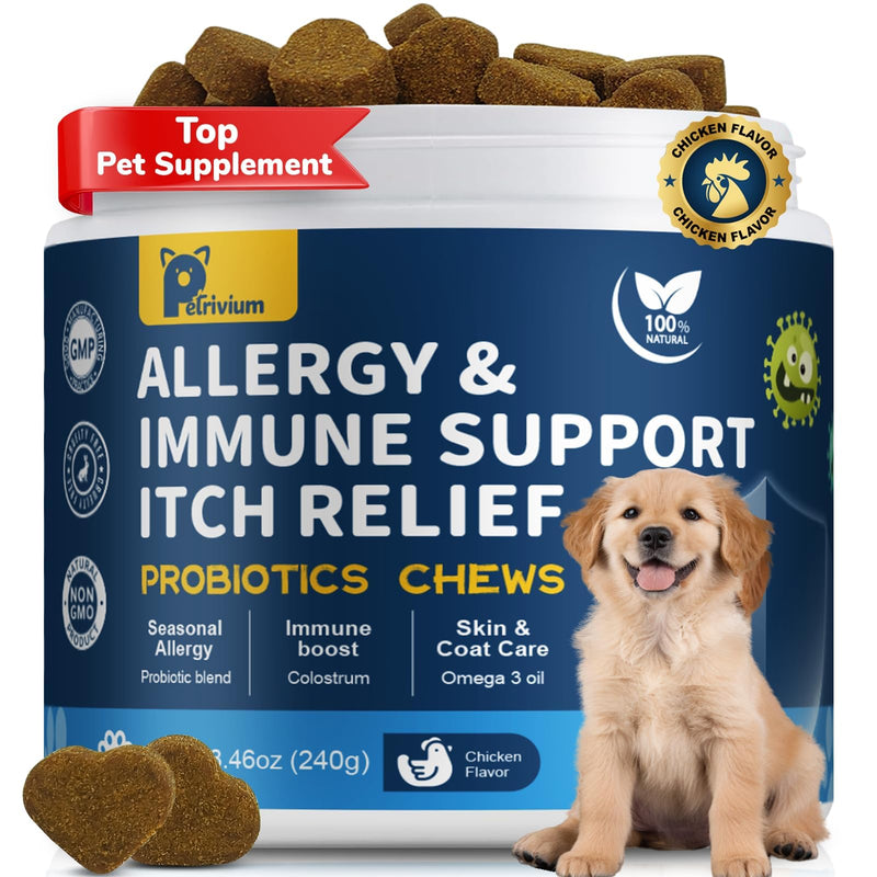 Petrivium Dogs Allergy Relief Chews, Dog Probiotics for Skin & Immune Support Helps Relieve Itchy Skin & Ear, Dog Allergy Supplement for Paw Licking, Itching Skin Relief with Colostrum, Fish Oil