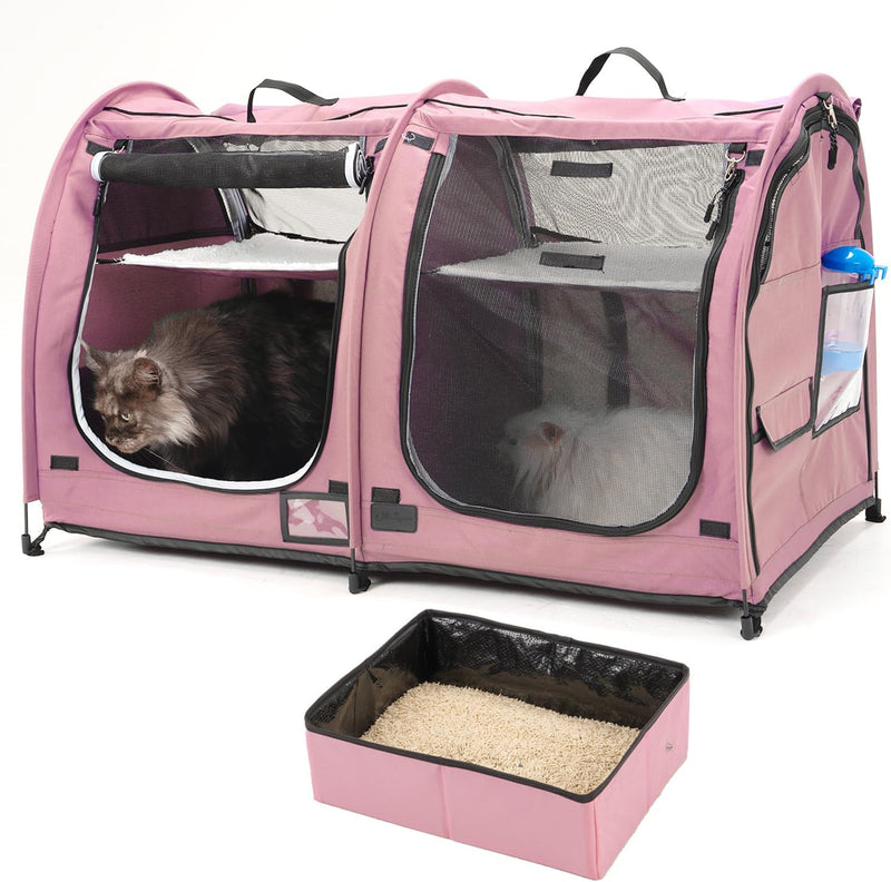 Portable Twin Compartment Show House Cat Cage Condo,Comfy Puppy Home Dog Travel Crate with Carry Bag/2 Hammocks/Mats & C