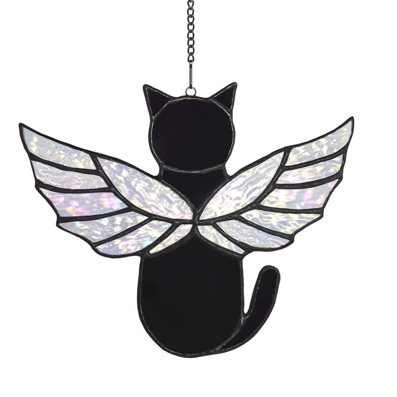 Velasyart Angel Rainbow Wing Memorial Gifts - Stained Glass Cat Suncatcher, Loss of Cat Sympathy Gift (Black)