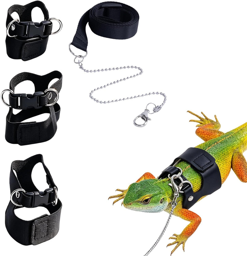 3Pack Bearded Dragon Leash and Harness Set, Black Leather Nylon Harness