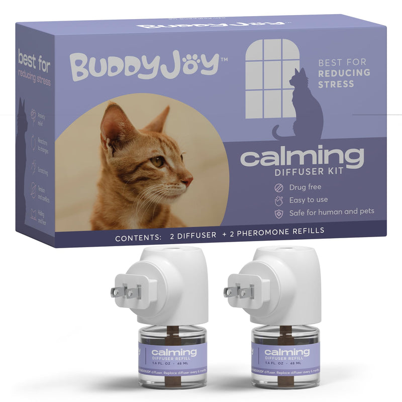 BUDDYJOY Cat Calming Diffuser Refills – Long-Lasting 30-Day Formula, Cat Pheromones Calming Diffuser for Stress Relief, Relaxation, and Anxiety Reduction, Easy to Use – (2 Diffusers + 2 Refills)