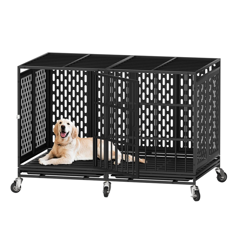 Snuowu 48 Inch Heavy Duty Dog Crate with Wheels, Metal Big Dog Cage for Large and Medium Dogs, Extra Large XL XXL Indestructible Dog Crate with Removable Tray.