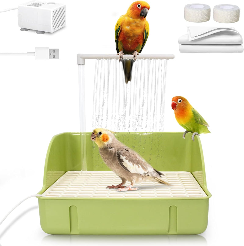 Automatic Parakeet Bird Bath with Pump, Large Bird Shower Fountain Indoor Bathtub with Running Water, Parrot Bath Tub Faucet for Pet Birds, African Grey, Cockatiel, Conure, Budgie, Lovebird