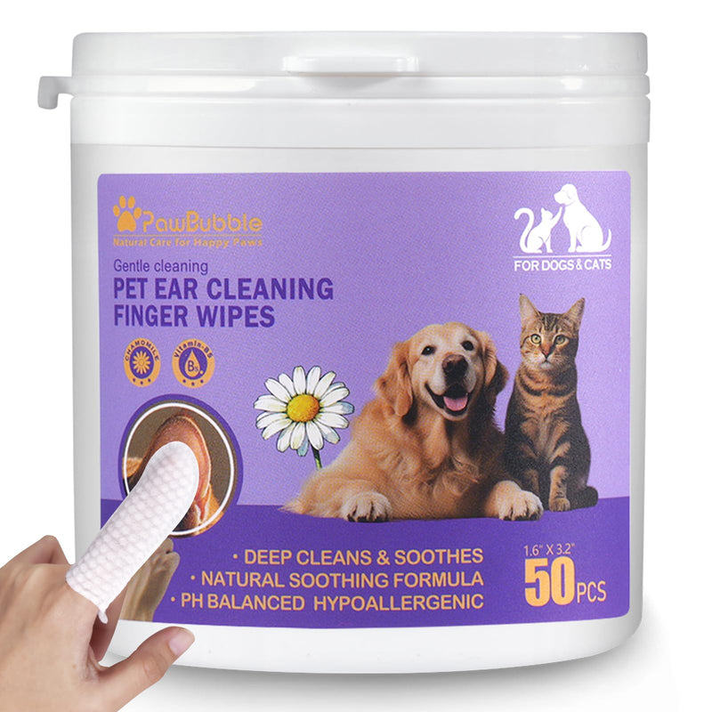 PawBubble Ear Wipes for Dogs and Cats, Dog Ear Finger Wipes, Gentle Ear Cleaner for Wax, Dirt & Odor, Relieves Discomfort & Soothes Ears, Non-Irritating, 50 Count