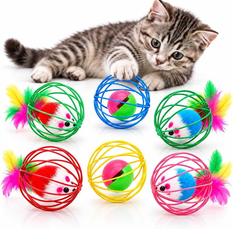 Cat Toys 6 Pack for Indoor Cats & Kittens, Metal Cage Balls with Mice & Bells, Colorful Jingle Bell Ball Toys, Interacti