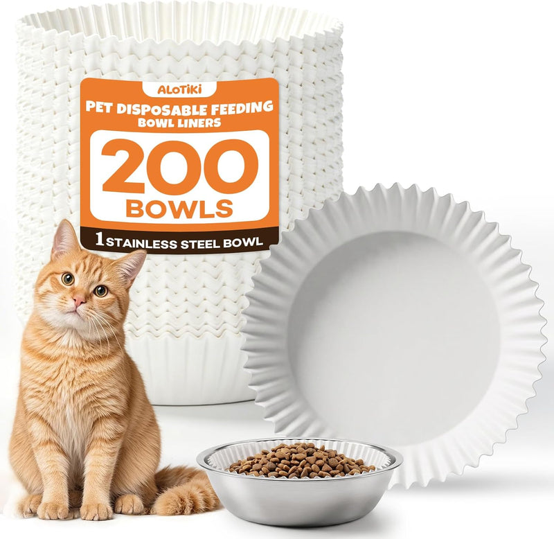 Alotiki 200 Pcs Disposable Cat Food Bowls Liner & 1 Stainless Steel Bowl