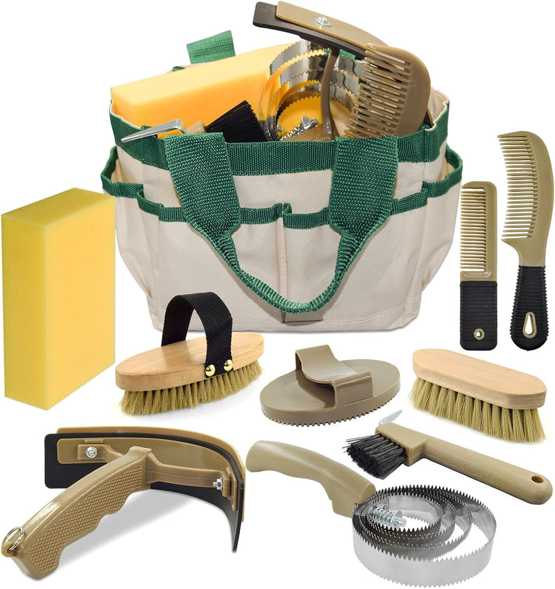 Professional 10 Pieces Horse Grooming Kit with Tote Bag, Horse Brush & Curry Comb Set for Effective Grooming and Bathing