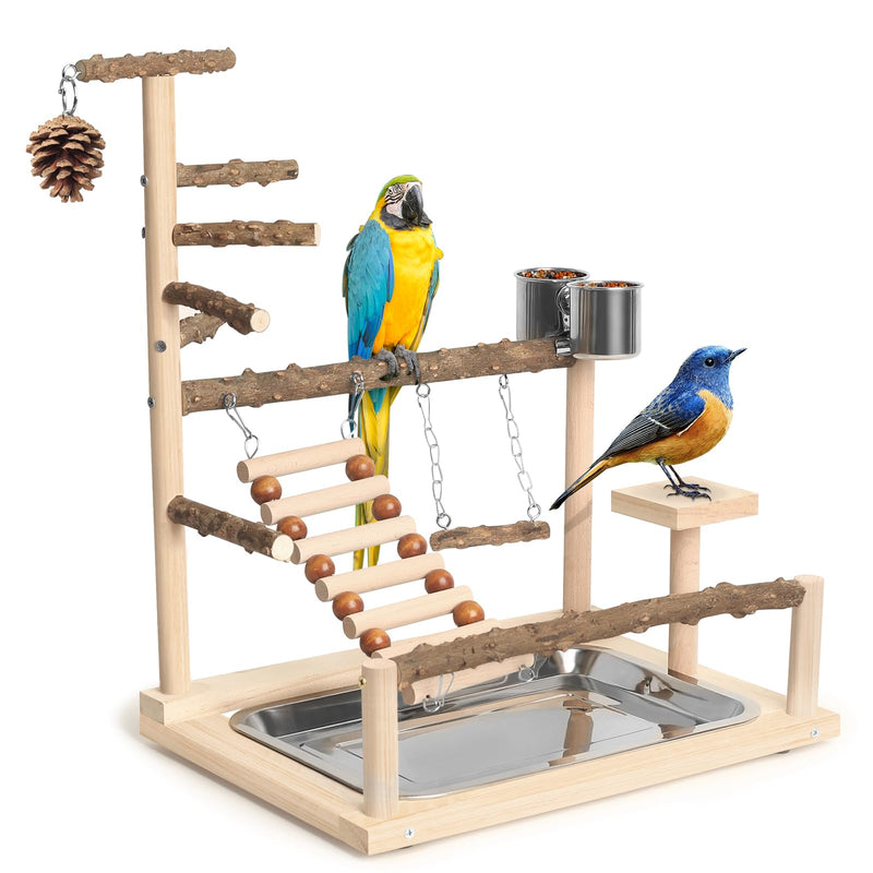 JOINSI Wood Pet Parrot Playground Bird Play Stand Toys Perch with Feeder Cups for Cockatiel Parakeet Lovebirds Conure (Natural)