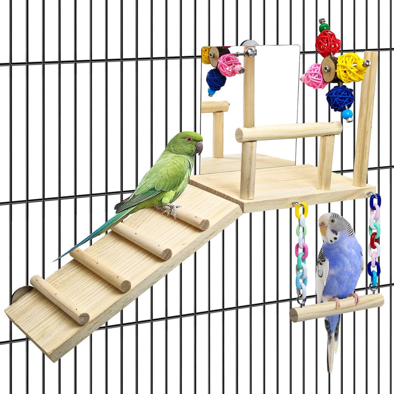 BNOSDM Bird Perch Platform with Mirror, Wooden Climbing Ladder for Parakeet, Small Bird Swing Toys with Rotating Balls P