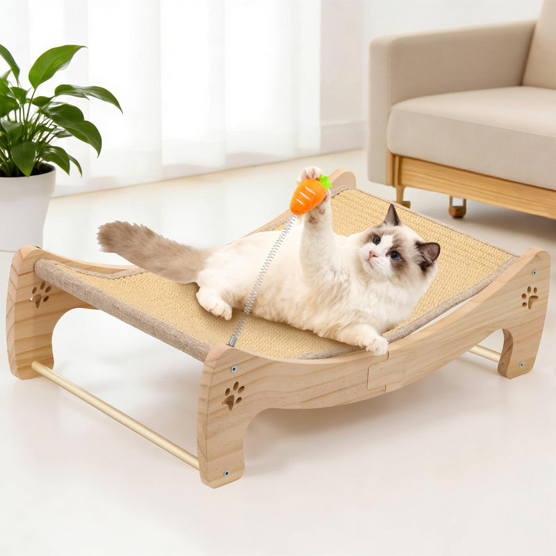 Cat Scratcher Bed with Interactive Carrot Toy - 3-in-1 Wooden Sisal Scratching Pad, Hammock Lounge & Play Center for Indoor Cats - Furniture Protector, Solid Wood Frame (Extra Large)
