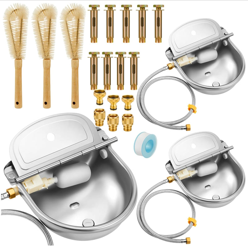 Tessco for you 3 Sets 4L/135oz Automatic Animal Water Bowl with Float Valve Stainless Steel Drinking Trough for Animals