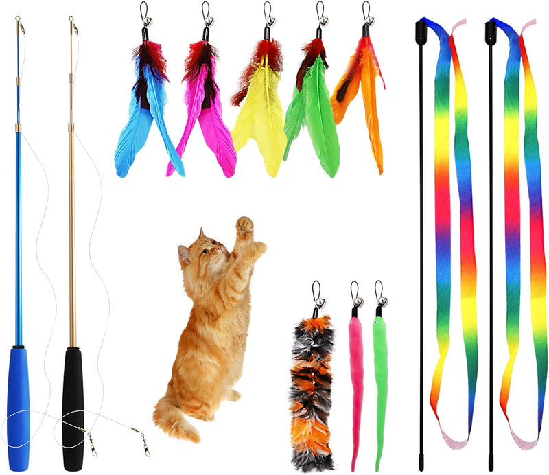 12PCS Interactive Kitten Toys, Retractable Indoor Cat Wand Toys with Replacement Teaser, Rainbow Ribbon and Make Exercis