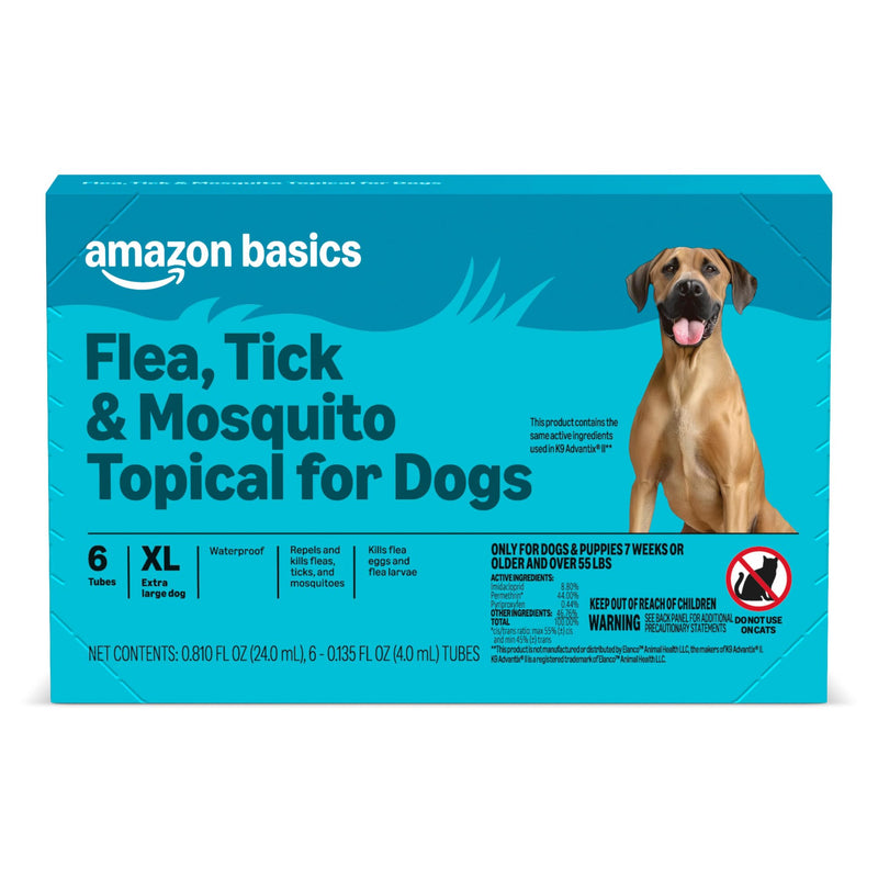 Amazon Basics Preventative Flea, Tick & Mosquito Topical Treatment for X-Large Dogs (Over 55 pounds), Kills Fleas, Long-Lasting, 6 Count, Packaging May Vary