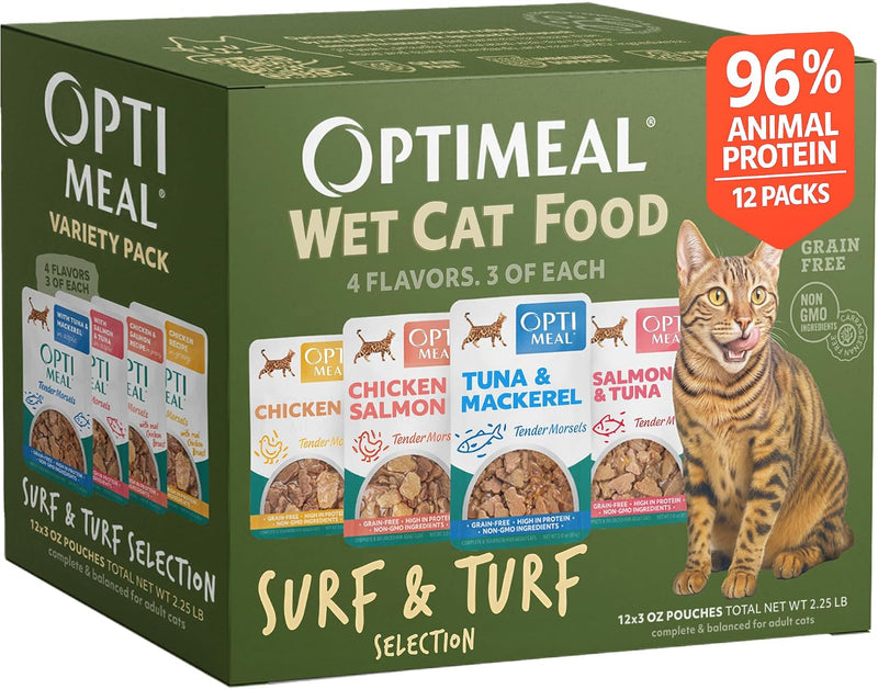 Wet Cat Food, Surf & Turf Selection, Grain Free Morsels, 3oz, 12 Pouches