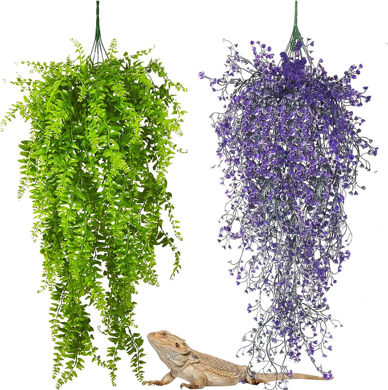 PINVNBY 2 Pack Reptile Plants Terrarium Hanging Fake Vines with Suction Cup Artificial Leaves for Bearded Dragons Lizard