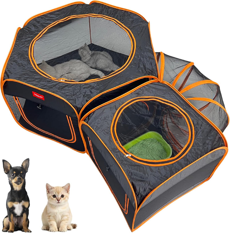 Portable Dog Playpen 2-Room with Tunnel, 3-in-1 Large Cat Crate Play Enclosure with Separate Areas, Foldable Pet Playpen