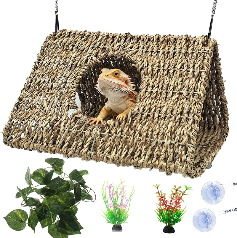 Hanging Reptile Hide Cave,Natural Seagrass Bearded Dragon Hammock Hideout,L