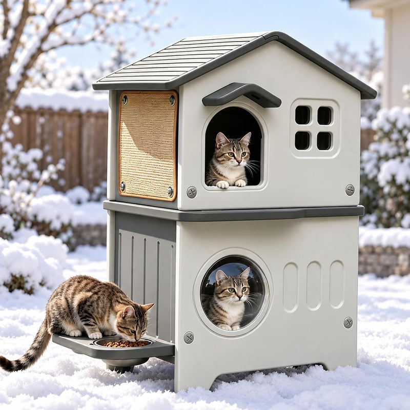 Insulated Outdoor Cat House Weatherproof for Feral Multi Cat, 2 Story Plastic Elevated Cat Shelter with Escape Door, Scratching Post, Stainless Steel Bowl, Grey 21.5