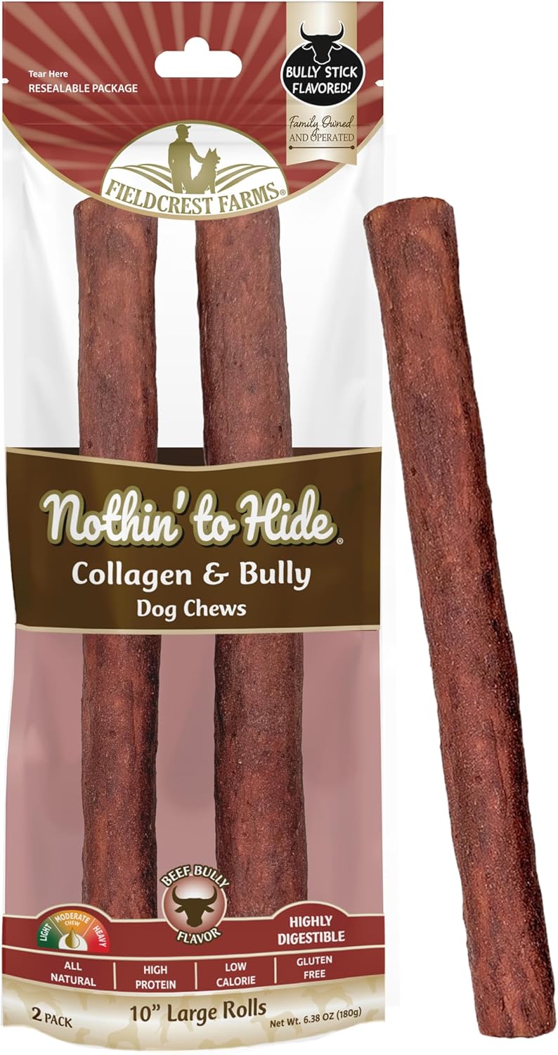 Fieldcrest Farms Nothin’ to Hide Large Roll Dog Chews, 10” Bully Stick Flavor, 2 Pack – Highly Digestible Collagen Rolls